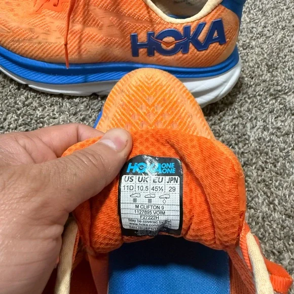 Hoka Clifton 9 Dynamic Orange and Blue Sneakers - Picture 8 of 8